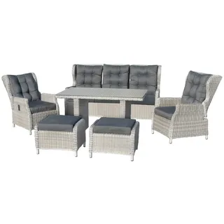 bellavista - Home&Garden® Garten-Essgruppe »Canelli« Dininglounge Set Sitzgruppe Loungemöbel Lounge Gartenmöbel, (Set, 6-tlg., 1 Sofa, 2 Sessel, 2 Hocker, 1 Tisch, inkl. Auflagen), grau, Polyrattan, für 7 Personen, wetterfest - Garten, Terrasse grau