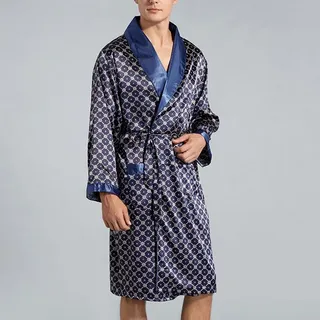 Herren Satin Seide Kimono Robe Luxus Pyjama Bademantel Morgenmantel Loungewear Nachtwäsche Nachthemd Pjs Set Marineblau Silber Grau L-3XL (XL Marineblau)