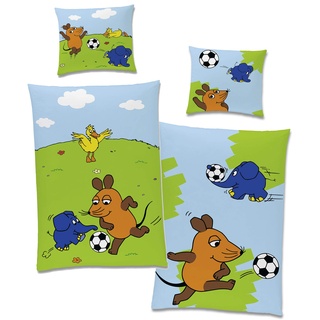 Die Sendung mit der Maus Kinder-Bettwäsche Fußball Blau 135 x 200 cm + 80 x 80 cm 100% Baumwolle Linon Renforcé Maus Elefant Ente Bettzeug Bett-Bezug Kissen-Decken-Bezüge Wende-Motiv deutsche Größe