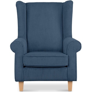 Konsimo Ohrensessel MILES Gepolsterter Sessel, mit Armlehnen, Massivholzbeine, in Pet Friendly Cord-Stoff blau