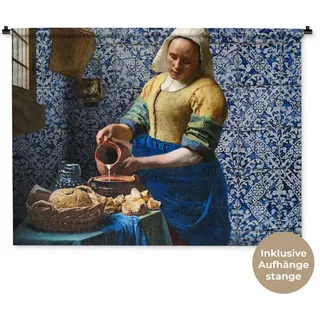 MuchoWow Wandteppich Milchmädchen - Delfter Blau - Vermeer - Gemälde - Alte Meister, Rechteckig, Höhe: 3 mm, Wanddeko Teppich Wohnzimmer, Schlafzimmer, 120x90 cm bunt 120 cm x 90 cm x 3 mm