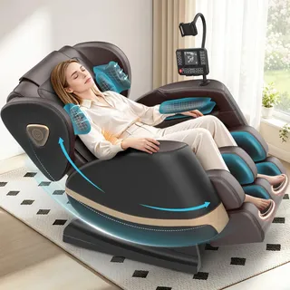 Ganzkörper Massagesessel mit Rollen & Airbags für Massage, Zero Gravity mit Bluetooth Lautsprecher und Touchscreen, Heizfunktion für Taille & Beine, mit Fußmassage für Hause/Büro (Schwarz + Braun)