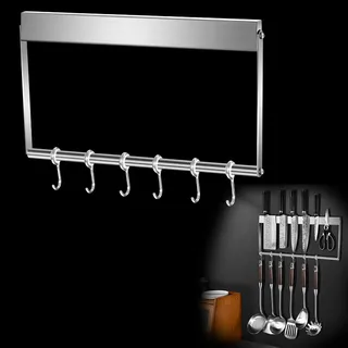 Magnetleiste Messer Selbstklebend 40cm mit Extra Starkem Magnet, Messerhalter Magnetisch aus Edelstahl mit 6 Haken, Wandmontage, Magnetischer Messerblock für Organisierte Küche