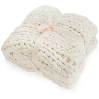 Feluna Tagesdecke Grob gestrickte Kuscheldecke, Grobstrick Überwurf Wolldecke Strickdecke weiß