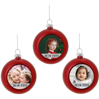 MilyaDE 3 Stück Weihnachtskugeln mit eigenem Bild, Kunststoff innen Glitzer Lametta 6cm, Christbaumkugeln Personalisierte selbst gestalten, Rot