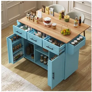 LuxusKollektion Küchenbuffet Küchenwagen Klappbar Schubladen Regal Rollen Servierwagen Blau blau