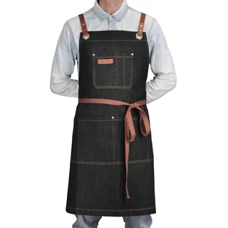 DingSay Trendy Professionelle schwarze Denim-Schürze mit Taschen zum Kochen, Koch, Küche, Grillen, Grillen, Friseure, Malerei, Schürze für Herren und Damen, mit Leder-Kreuz-Rückengurten - 27W*33L