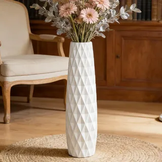 JIDOFUE 24" Weiße Keramik Bodenvase 60cm, Große Dekorative Vase für Wohnzimmer, Büro und Schlafzimmer, Moderne Deko für Pampasgras und Blumen