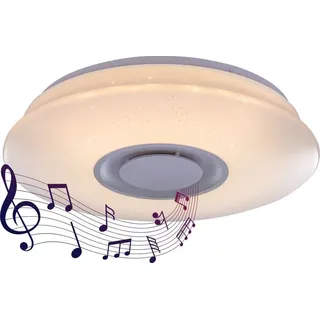 Globo Lighting Deckenleuchte Metall weiß, Acryl opal sparkle, Kunststoff weiß, Bluetooth, Lautsprecher 5W, ø: 360mm, H: 80mm, inkl. LED 12W 230V... - Weiß