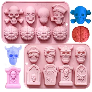 Halloween-Silikonformen, Totenkopf, Grabstein, Gehirn-Silikonformen, DIY, Schokolade, Süßigkeiten, Gummibärchen, Gelee, Eiswürfel, Backform, 2 Stück