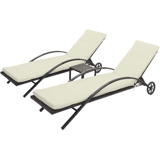 2er-Set Sonnenliege HWC-E27, Relaxliege Gartenliege, Poly-Rattan ~ braun, Kissen creme-beige