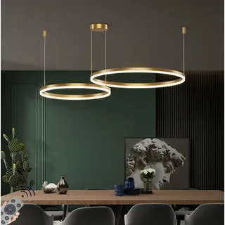 LED-Pendelleuchte Modern Dimmbar Hängeleuchte Ring Kreis Hängelampe Esstisch Pendellampe Aluminium Kronleuchter Decke Hänge Lampe Für,Kücheninsel,Wohnzimmer,Color : Gold,Größe : 2 rings/60+40CM/48W