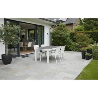 5-tlg. Alu Gartenmöbel Set weiß ausziehbarer Tisch mit 4 stapelbaren Stühlen