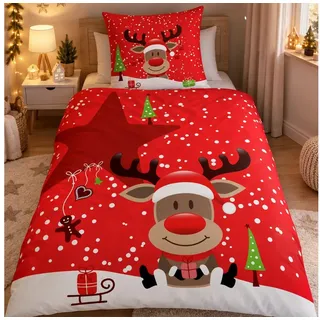 Familando Bettwäsche Rentier 135x200 80x80 cm X-Mas Weihnachten, Fleece, 2 teilig, Wendebettwäsche mit Reißverschluss; Rot rot