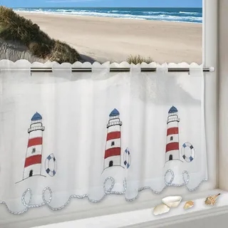 Delindo Lifestyle Leuchtturm mit Maritimen Motiv, Weiße Bistrogardine für Küche und Badezimmer, 45x85 cm
