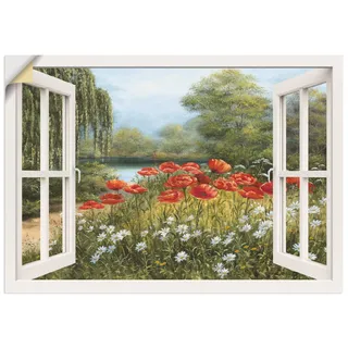 ARTland Wanddeko Wandtattoo selbstklebende Vinylfolie 100x70 cm Fensterblick Landschaft Blumen Mohnblumen See Blumenwiese Natur F7EN