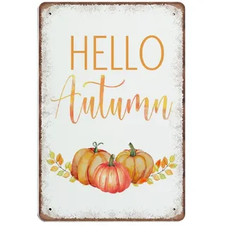 Dreacoss Hello Autumn Blechschilder, Herbst-Wandkunst, Retro, lustiges Metallschild, Vintage-Poster, Wandkunst für Küche, Garten, Badezimmer, Bauernhof, Zuhause, Kaffee-Dekor, Blechschild, 20 x 30 cm