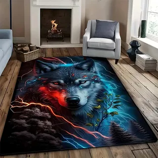 USHIRUG Wolf Teppich, 180 x 230 cm, Waldblitz Motiv, Cooler Wildtier Wolf, Großer Teppiche, rutschfest, Kurzflorig, Maschinenwaschbar, Schwarz Blaue Teppichmatte für Wohnzimmer, Schlafzimmer