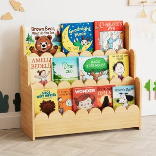 SpaceAid 3-stufiges Kinder Bücherregal mit geschwungenen Kanten, Montessori Bücherregal für Kleinkinder,Natur