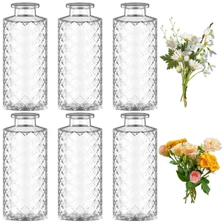 6 Stück Mini Glasvasen Vintage Kleine Vasen Stark Mini Vasen 13cm Hoch Kleine Väschen Blumenvasen Dekoflaschen für Tischdeko Mittelstücke Hochzeitsdekorationen Zuhause Geburtstage Feste