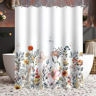 Lerores Duschvorhang 200x200cm Blumen, Beschwerter Saum Antischimmel Textil, Wasserabweisend, Waschbar Polyester Badevorhänge mit Ösen und 12 Duschvorhangringe für Badezimmer, Badewanne