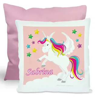 CreaDesign, Kinder Kissen 40x40 cm personalisiert mit Namen, Kinderzimmer Deko Kissen Kinder mit Füllung Federn, Motiv Einhorn rosa, Rückenfarbe Rosa