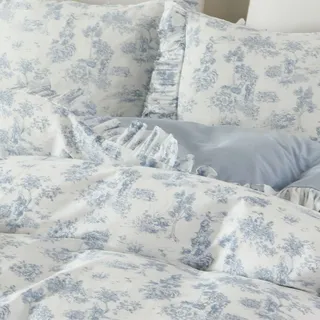 Brandream French Country Toile Bettbezug-Set, volle Größe, für Mädchenzimmer, Vintage-Stil, Blau, Toile, Blumendruck, 100% Baumwolle, zarte Rüschen, Fransen, weich und atmungsaktiv, 3-teiliges