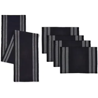 Encasa XO Tischläufer und Platzset Set 4 | Feingerippte Baumwolle | Leiter schwarz | 1 Tischläufer Größe 32x137 cm & jede Tischmatte Größe 48x32 cm