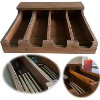 LS-LebenStil Vintage Teak Holz Grimaud Cutlery 36cm 4 Fächer Besteckkasten Besteckkorb - Braun