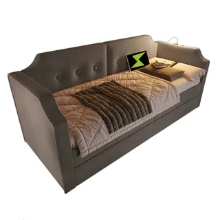 lanki international Polsterbett Sofabett 90x200 cm mit USB-Type-C Leselicht, Schlafsofa Tagesbett mit 2 Stauraum Schubladen, kinderbett Jugendbett Bettgestell, Samt, Grau
