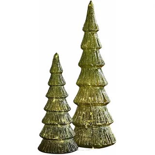 Loberon LED-Baum 2er Set Merrton - Zwei Größen - Zucker-Finish - Batteriebetrieben - Romantische Lichtstimmung - Weihnachtsdeko - Weihnachten - Glas, grün
