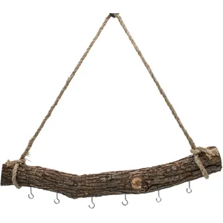 Holzast massiv zum Hängen mit 6 Haken zum Dekorieren - 56 cm - Massivholz Stange Wanddeko Hänger mit Naturkordel - Deko AST Wandhänger Dekozweig Hängeast Treibholz Türhänger Fensterdeko