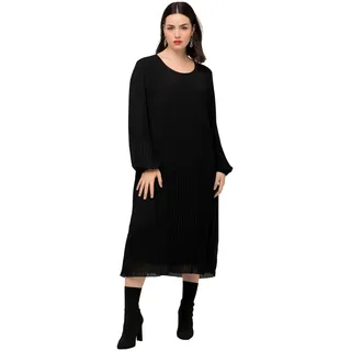 Ulla Popken Damen große Größen Übergrößen Plus Size Plissee-Midikleid, A-Linie, Rundhals, Langarm schwarz 50+ 812881100-50+