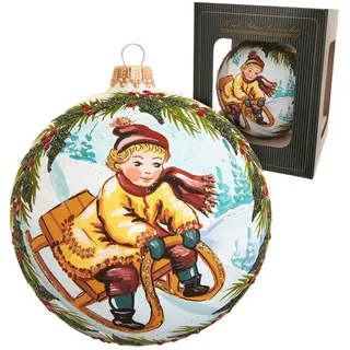Krebs Glas Lauscha Weihnachtskugel Junge auf Schlitten Weiß 10cm