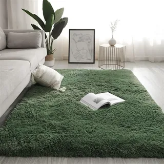 BESTORI Hochflor Teppich Wohnzimmer rutschfest Fellteppich Shaggy Flauschig Weich Einfarbig Teppich für Kinderzimmer Schlafzimmer Arbeitszimmer Dunkelgrün, 80 x 180 cm
