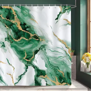 Ccykxa Luxuriöser Duschvorhang In Abstraktem Grün-gold-türkis-marmor-design, Polyestergewebe, Schimmelresistent, Wasserdicht, Waschbar, Badezimmervorhang 180 X 180 Cm Mit 12 Haken Für Badewanne