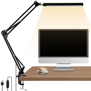 Schreibtischlampe LED klemmbar, 1700LM Augenfreundlich, 3 Farbmodi, 10 Helligkeitsstufen, Lampe Schreibtisch mit Schwenkarm, Bürolampe mit Speicher, Nachttischlampe, Lesen, Arbeiten, Computertisch