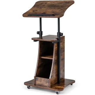 FANTASK Stehpult höhenverstellbar, 50 x 40 x 72–112 cm, mobiler Rednerpult mit neigbarer Tischplatte & offenen Fächern, Rednerpultständer zum Stehen & Sitzen, Stehtisch auf Rollen für Büro (Braun)