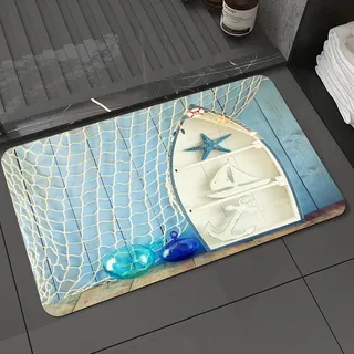 DALEXHM Badteppich rutschfeste,weicher Badezimmerteppich Wasserabsorbierend Badematte Badvorleger für Dusche,Nautische Dekoration, Maritime Objekte auf Holz mit Vintage-Boot,40x60cm