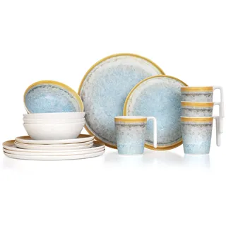 Camping Tafelgeschirr aus Melamin für 4 Personen 16-teilig | spülmaschinenfest | Picknick Geschirrset | Geschirr Campinggeschirr I Crystal Blue Design
