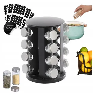 Drehbares Gewürzregal aus Metall, 16x Gläser-Organizer + Etiketten - Silber/Schwarz