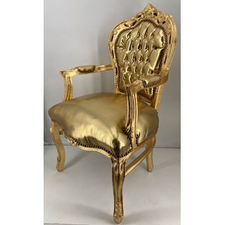 Casa Padrino Barock Esszimmerstuhl mit Armlehnen Gold / Gold - Handgefertigter Kunstleder Stuhl im Barockstil - Barock Esszimmer Möbel