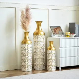 FammyLoft Metall Bodenvase Groß Set 3, Vintage Floor Vases, Weihnachten Weiß Gold Vase, Pampas Branch High Decorative Bodenvase Living Room Bedroom, Large -83/65/50cm High, Home Decoration