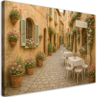 LEINWANDBILD Toskana Italienische Straße Blumen 90x60cm