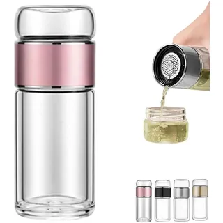 Tryteava Glass Infuser, Tryteava 3-in-1 Smart Tea Infuser, Flip & Brew Design, Modern Klein Teekanne Glas, 280ml Doppelwandige Glas Teeflasche mit Edelstal Sieb, Teezubereiter für Geschenke (Rosa)