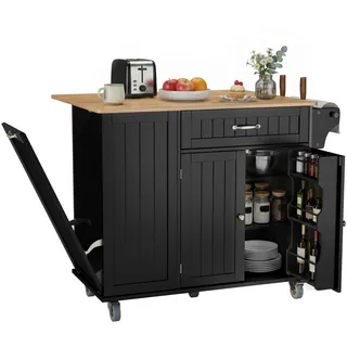 Kücheninsel-unterschrank Bealife Küchenschrank Klappbar Mit Klappbarer Arbeitsplatte Schubladen Versteckter Abfalleimer Schwarz 100 X 81 X 90 Cm