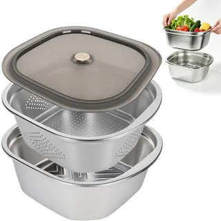 Junrvivy Nudelsieb Edelstahl Küchensieb Schüsselset - 4600 ML Seiher Ø28 cm mit Edelstahlschüsseln und Deckel, Reis Waschschüssel Siebservierer für Spaghetti Salat Nudeln Obst Reis