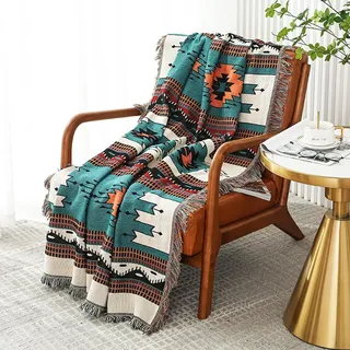 Czyminrout Boho Decke Sofadecke mit Quaste,Aztekischer ethnischer Stil Wendedecke Sofadecke tagesdecke,für Zuhause,Büro,Reisen, Zelten (Waldgrün, 180 * 230cm)