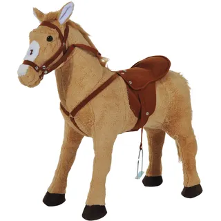 Reitpferd Auf Rollen 60 Cm Stehpferd Mit Sattel, Zaumzeug Steigbügel Sound Spielpferd Zum Reiten Draufsitzen Schaukeltier Für Kinder Ab 2 Jahre, Schaukelpferd Plüschpferd Indoor Outdoor Beige