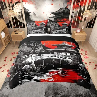 Loussiesd Japanisches Ukiyoe Bettbezug-Set für Einzelbett, für Kinder, Jungen, Mädchen, Erwachsene, Anime-Bettwäsche-Set, roter Sonnenuntergang, Bettbezug mit 1 Kissenbezug, japanischer Stil